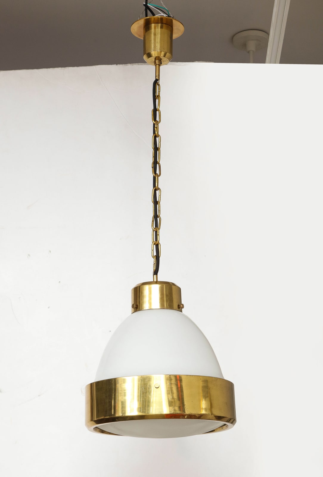 Mid-Century Brass and White Opaline Glass Pendant
