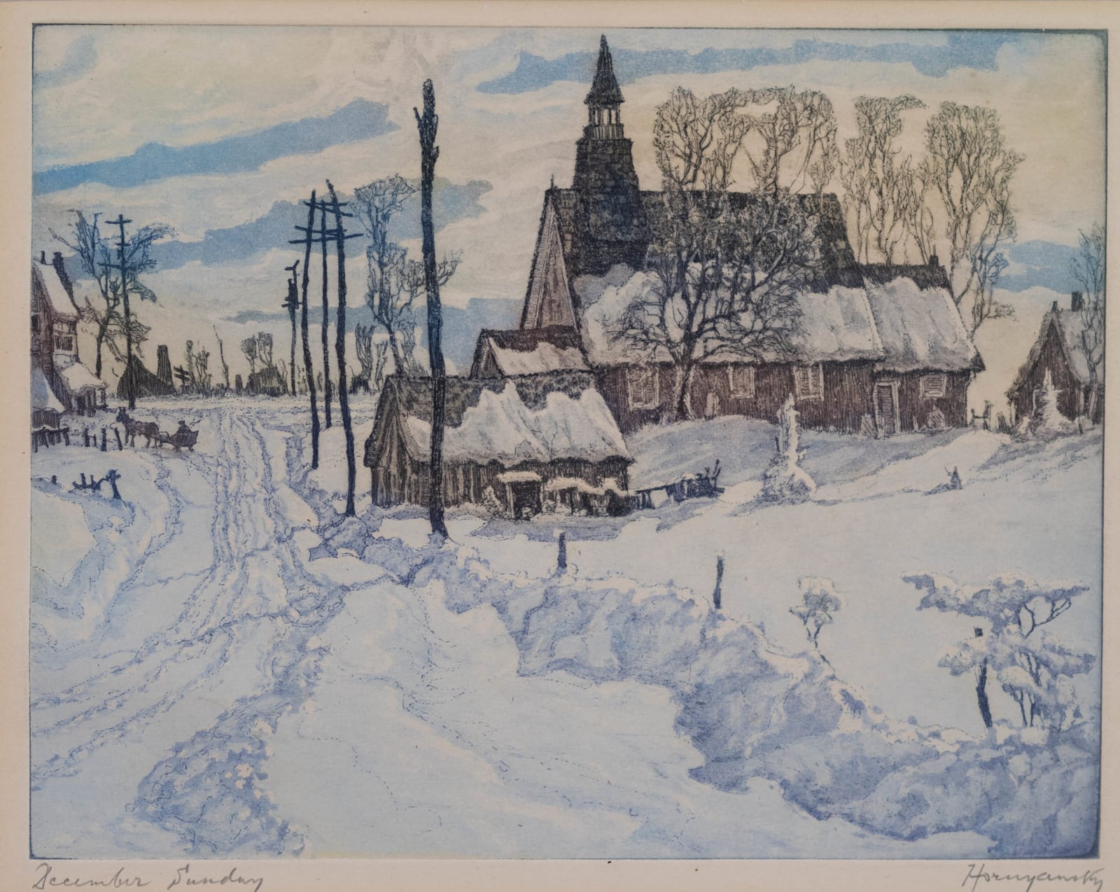 A snow-covered road takes the viewer into the composition, leading to a church or chapel with a prominent spire, which is a central feature of the image.