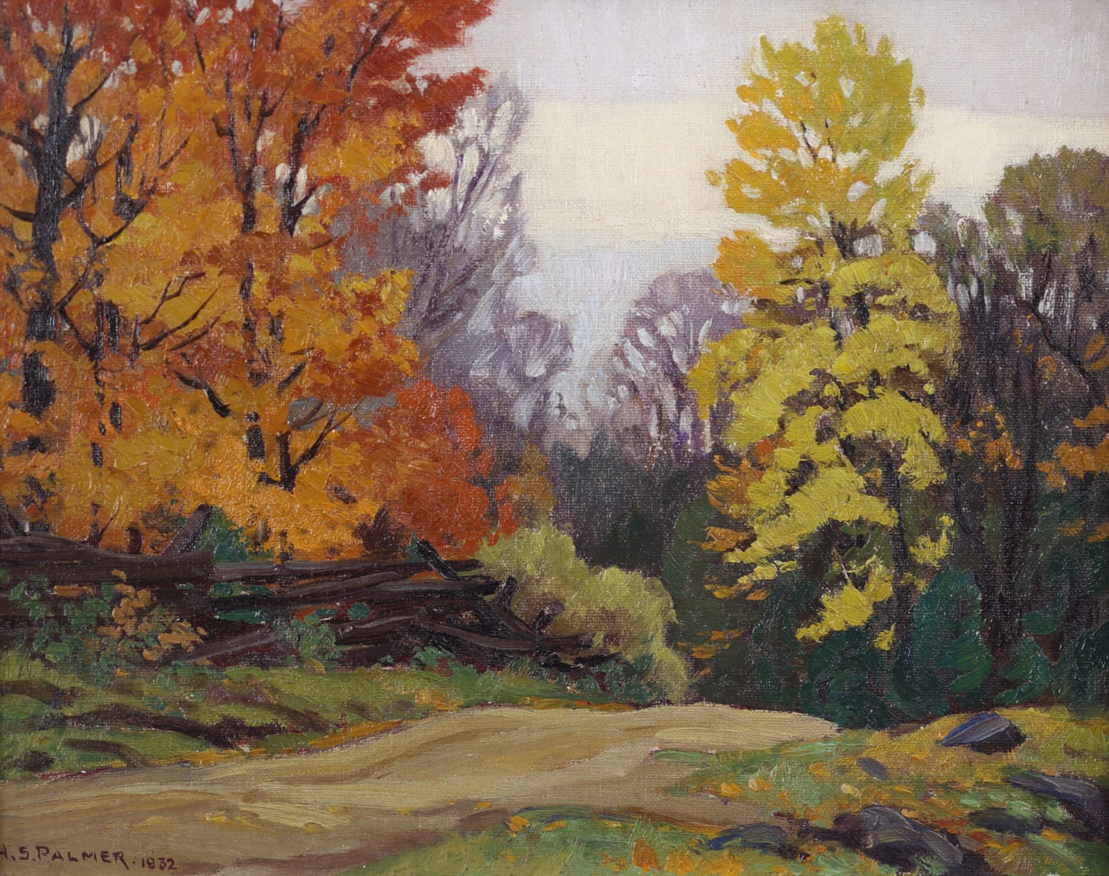 This painting showcases a scene near Minden in the Haliburton region of Ontario. The composition is filled with rich, warm autumnal colors.