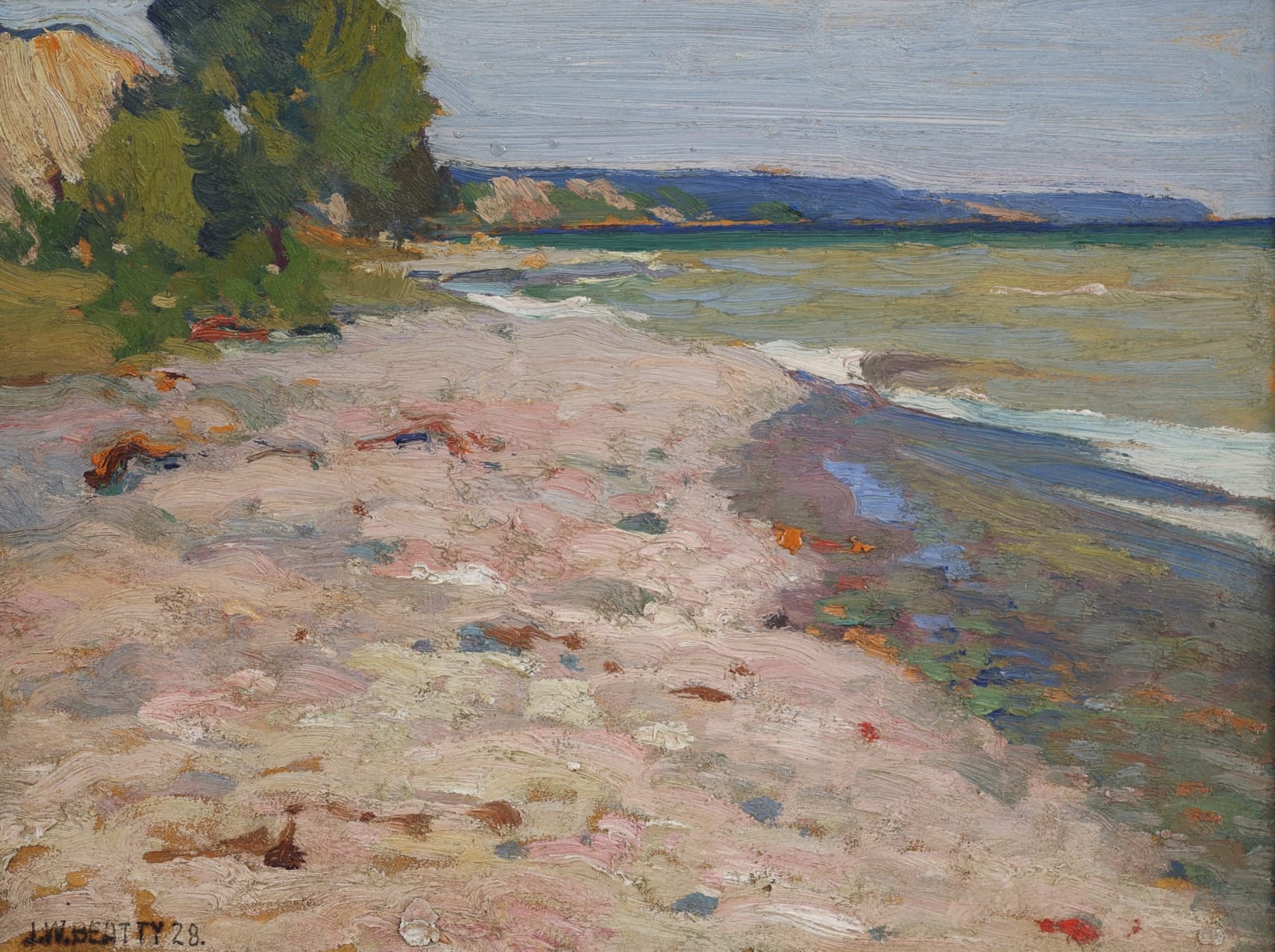 Painting of lake shore with minimal greenery