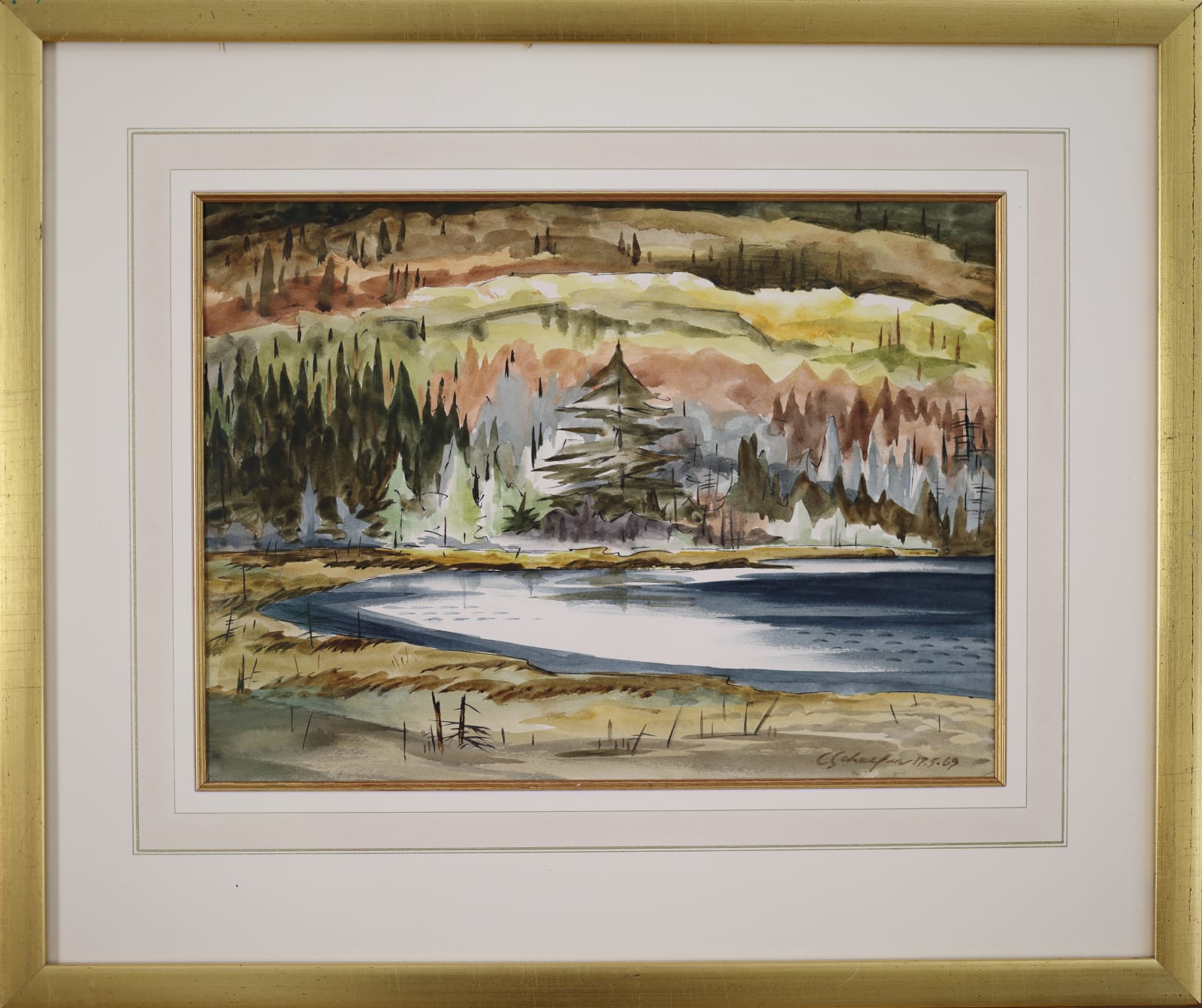 A framed photo of The painting portrays a landscape with a variety of textures and colours that capture the rugged terrain of Haliburton.