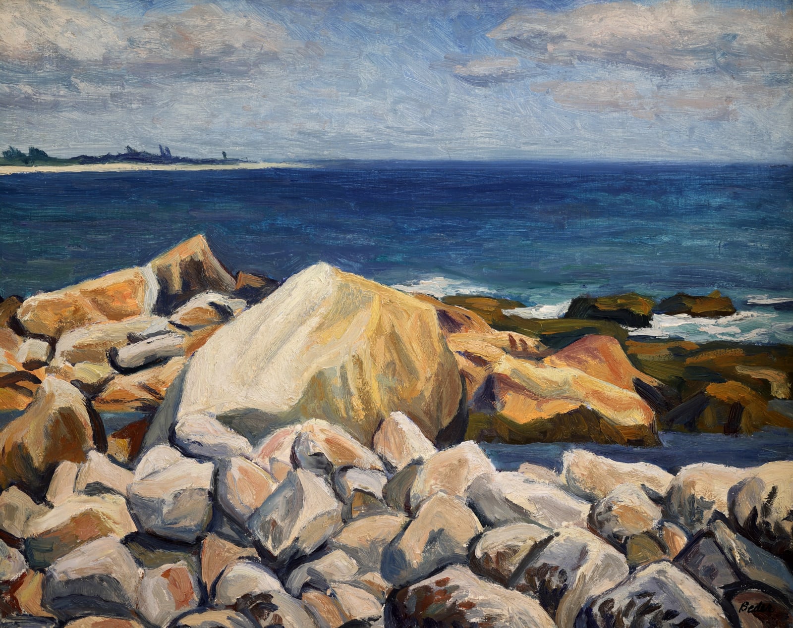 Painting of rocky coast on a sunny day