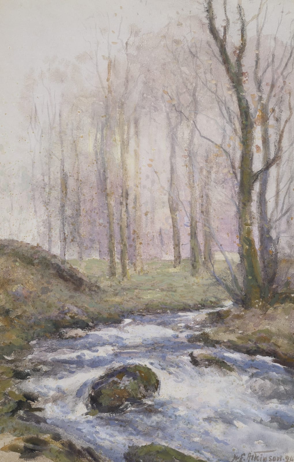 Painting of a stream running through a forest