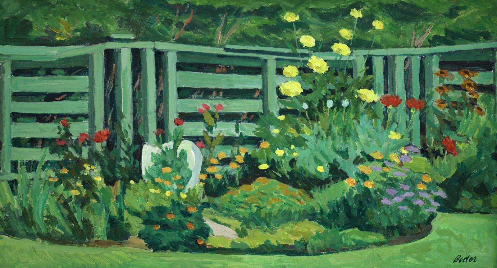 Green garden painting with pops of red and yellow from flowers