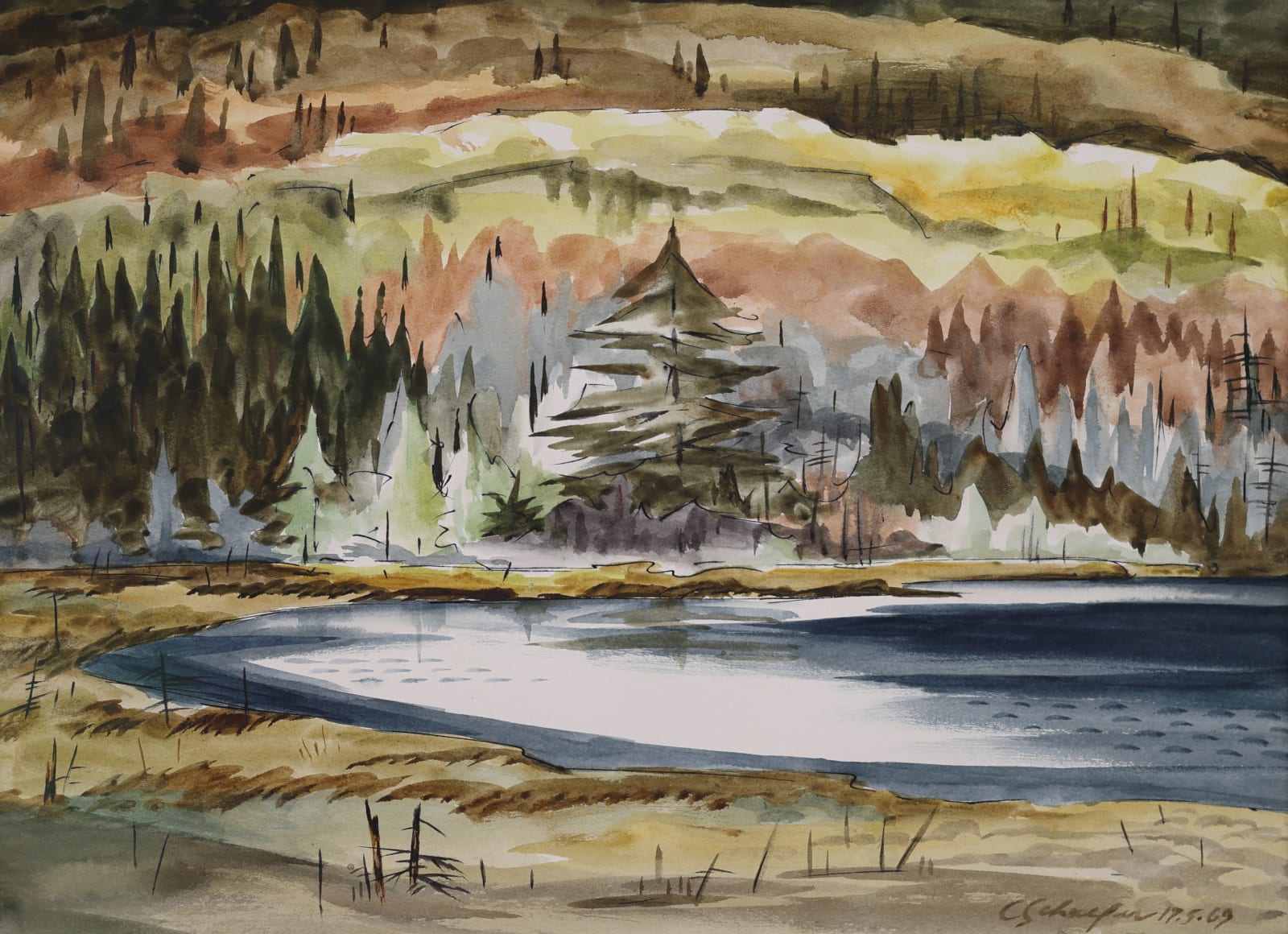 The painting portrays a landscape with a variety of textures and colours that capture the rugged terrain of Haliburton.