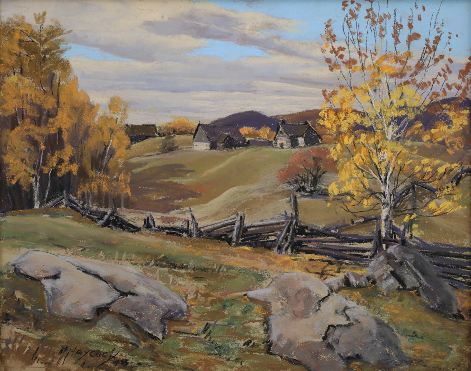 The painting showcases a farm scene along the Venosta Road, presumably in Quebec where Venosta is located. It captures the essence of autumn with its vibrant foliage in shades of yellow and orange, suggesting the time of year when leaves are changing and the harvest season is in full swing.