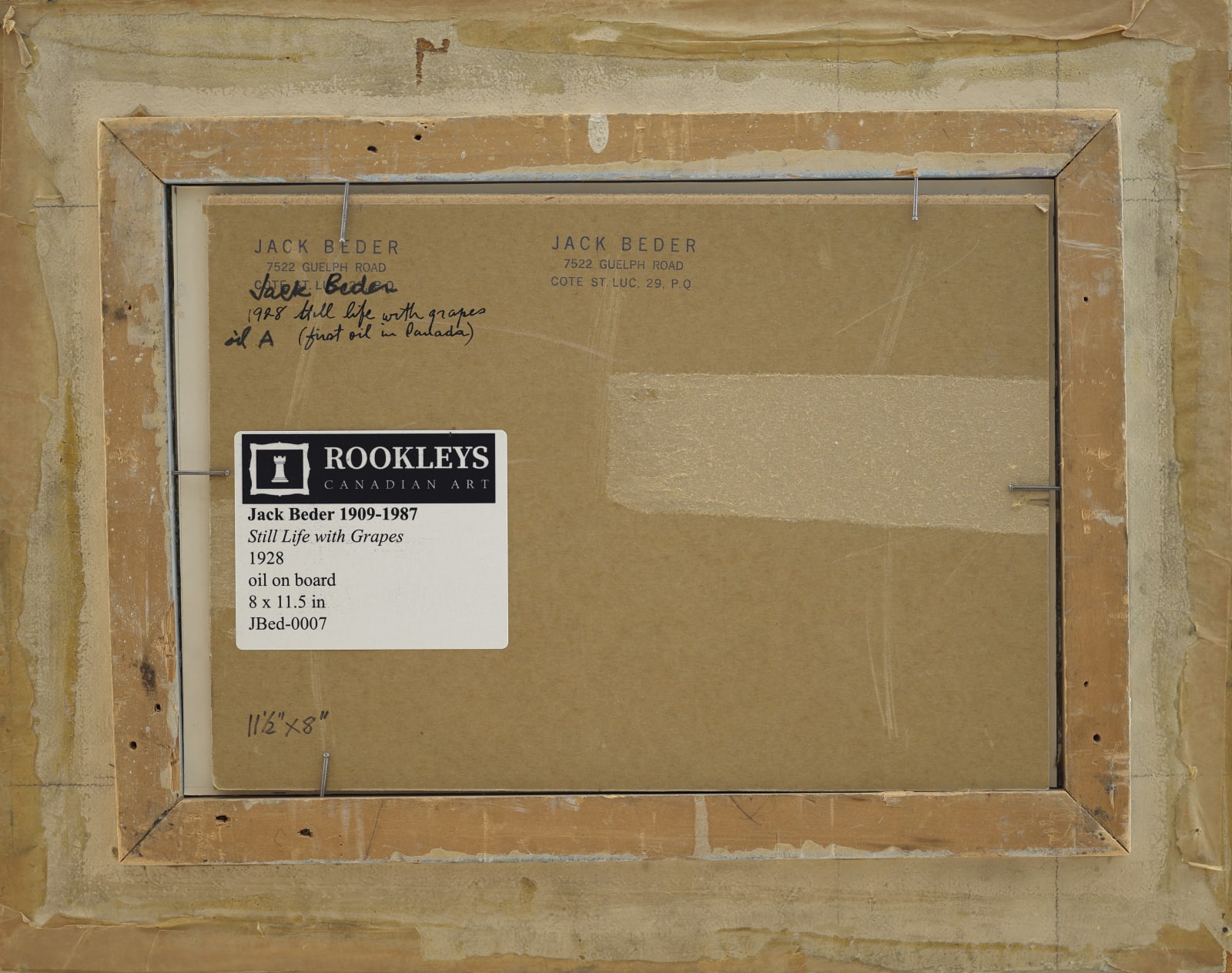 Back of Framed Jack Beder Still Life with Grapes Painting