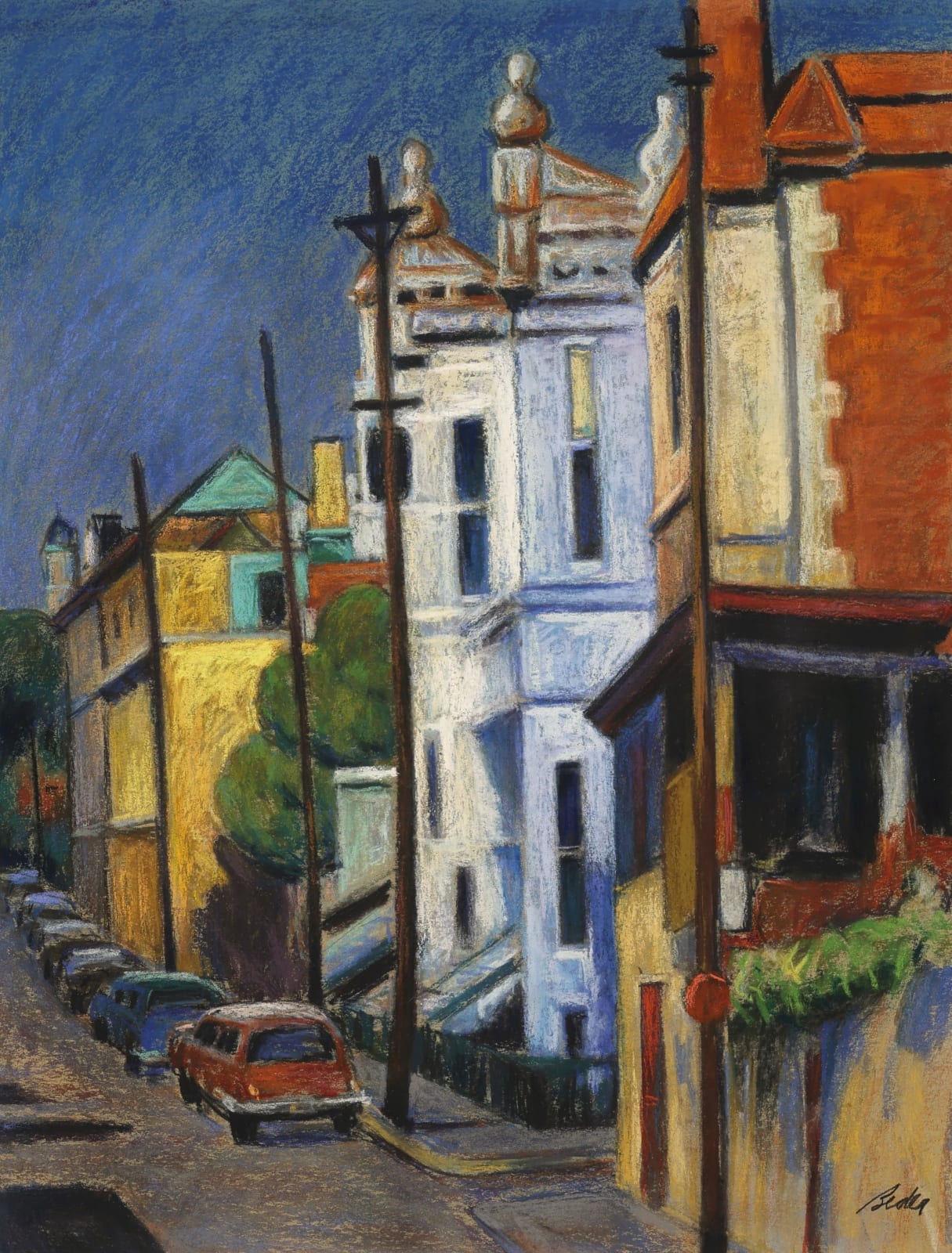 Painting of multi coloured houses in a city street view