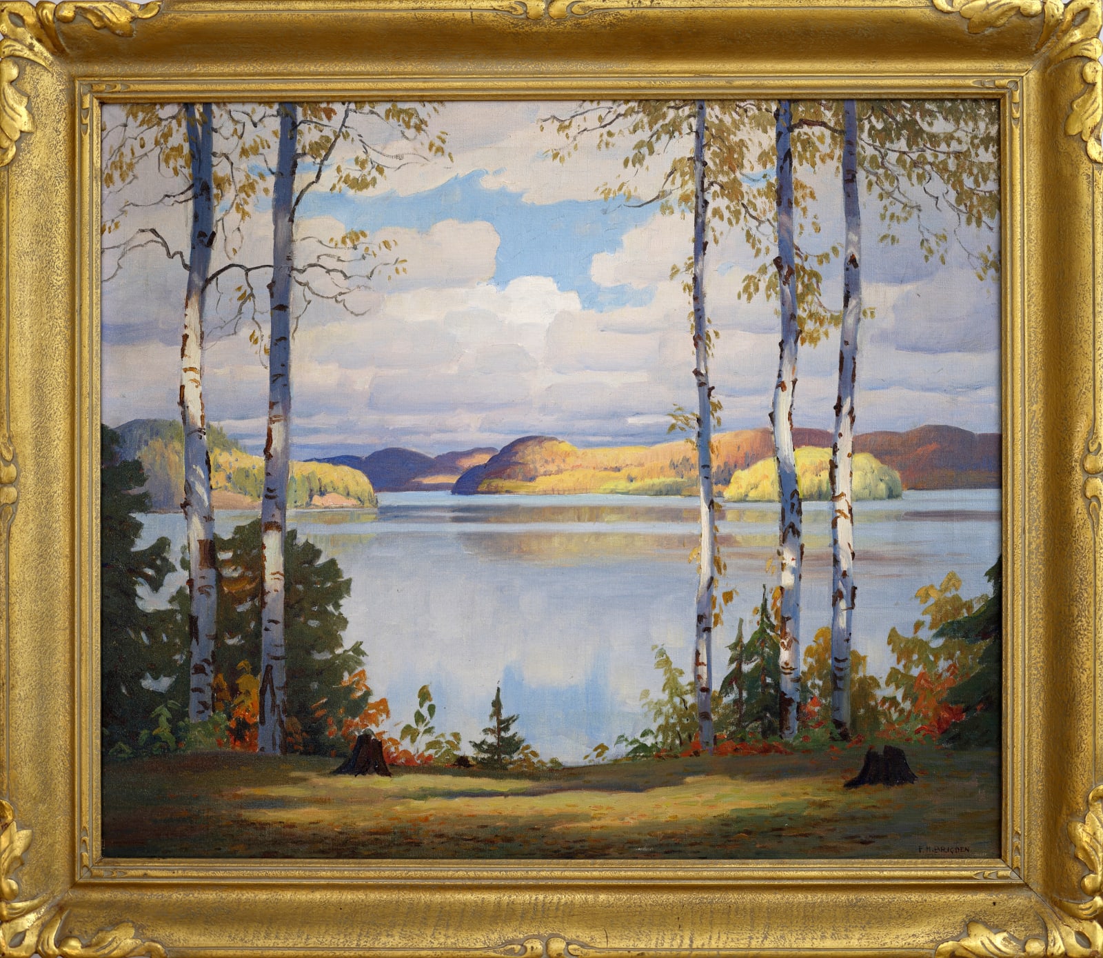 Framed Fredrick Henry Brigden Birches by the Lake Painting