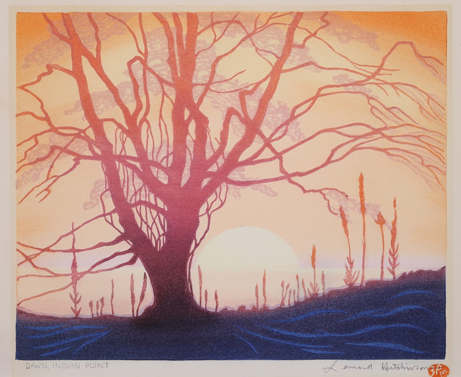 The artwork depicts a large, solitary tree with an intricate network of branches silhouetted against a warm, gradient sky that transitions from a rich orange to a soft pink.