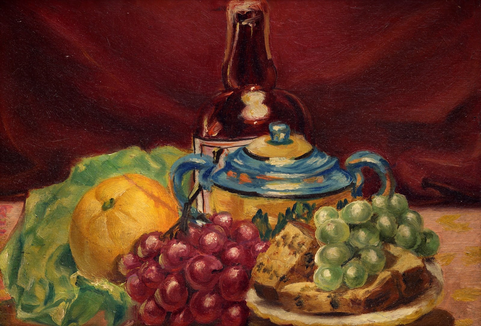 Still life painting of fruit and wine