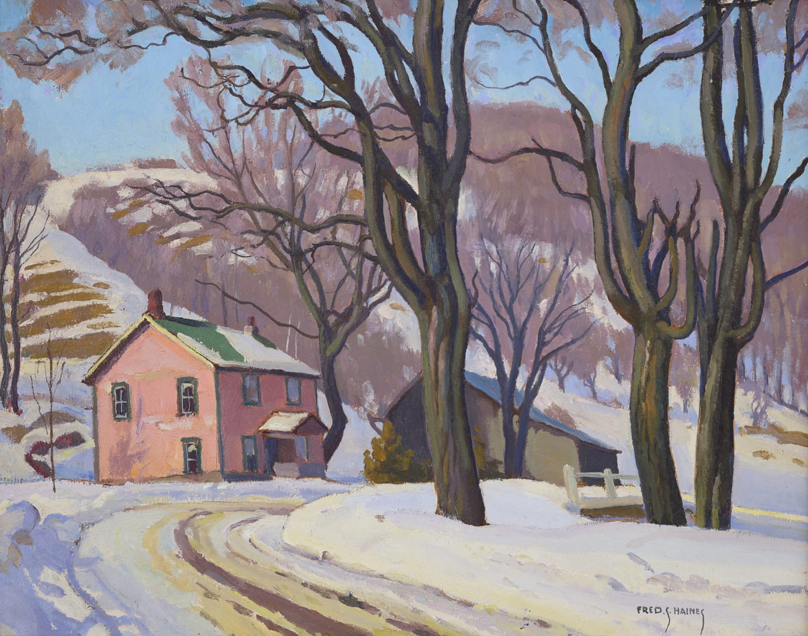 A snowy road leading to a pink-ish brick house, oil painting