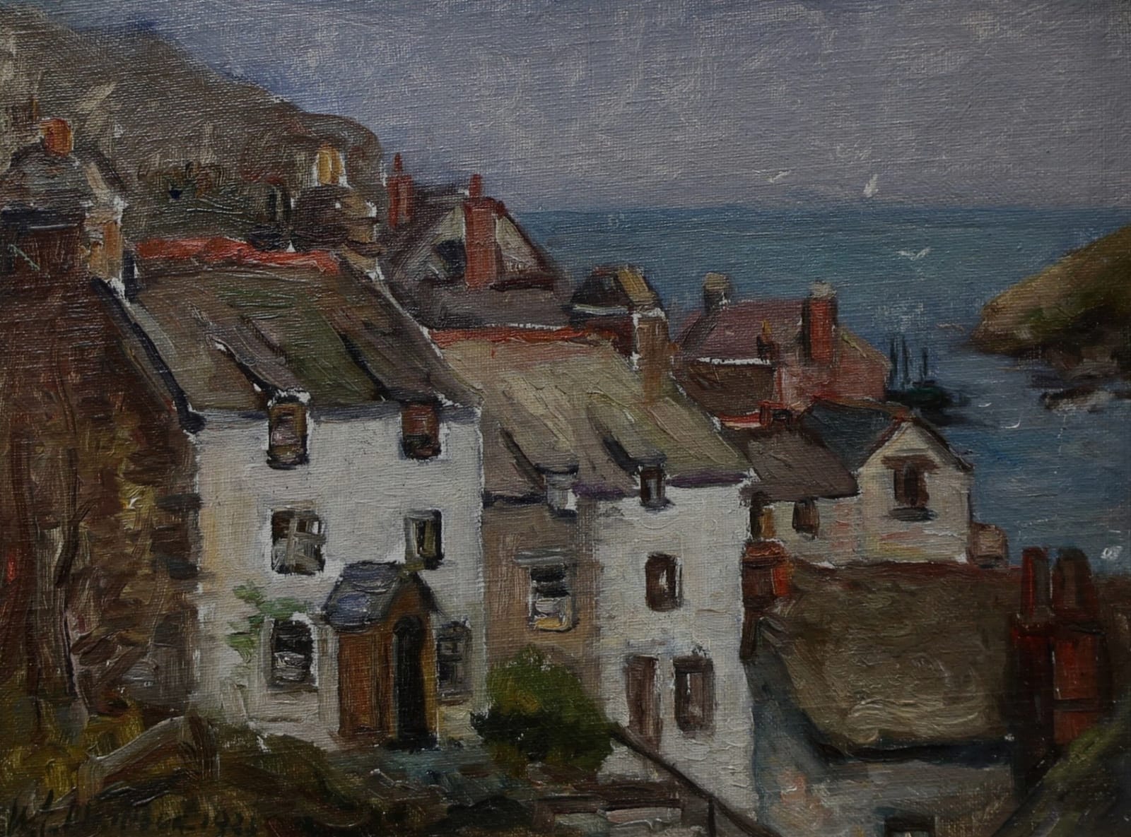 Painting of a Coastal Villiage with people and the ocean in the distance