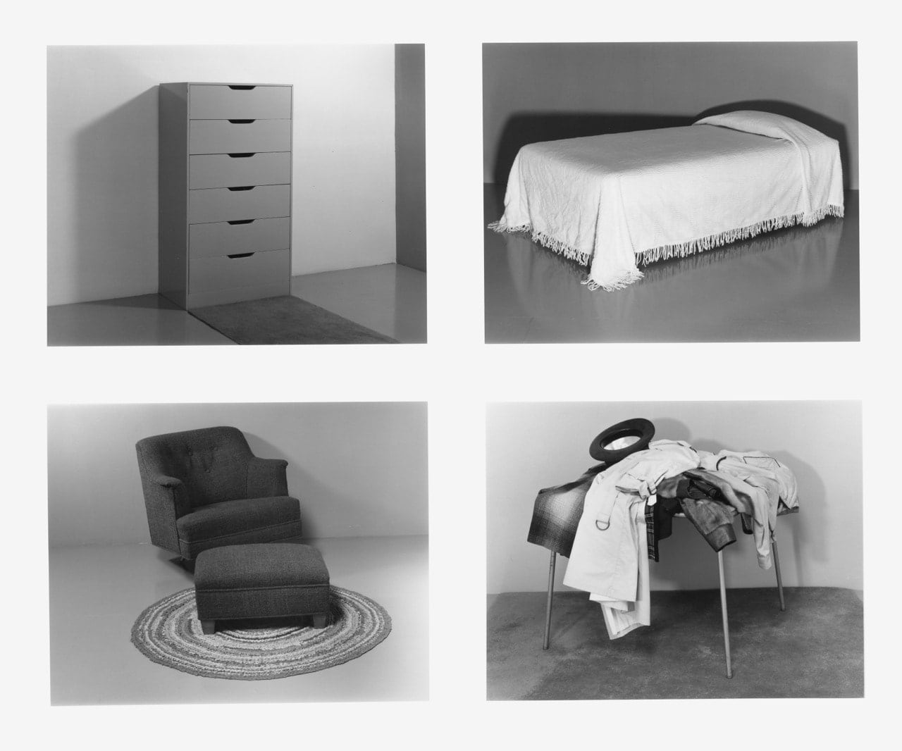 Jo Ann Callis, Still Life Table of Coats [dresser, bed, chair with rug, coats on table], 1981-1983