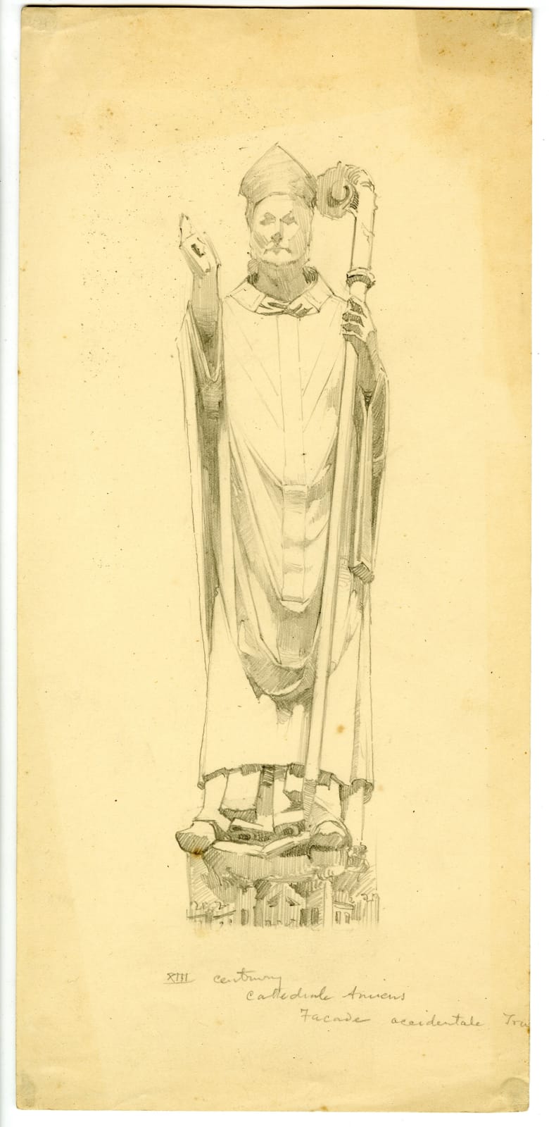 Fanindra Nath Bose ARSA, Sketch of stone carving of St Firmin, Amiens Cathedral, 1911