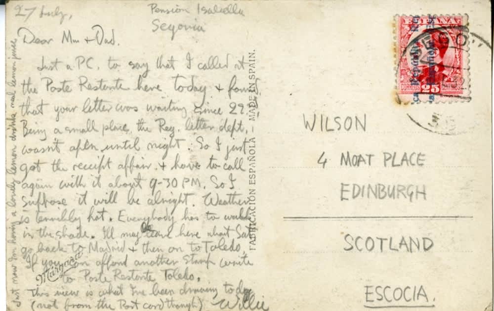 William Wilson RSA, 4 Postcards: ‘Avila – Vista parcial...’; ‘San Gimignano – da S. Chiara’; ‘Puente de Alcantara’; ‘Segovia – Vista de la Catedral’