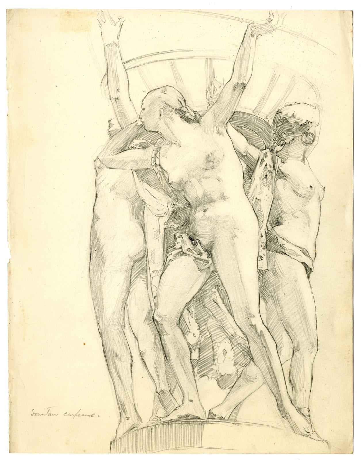 Fanindra Nath Bose ARSA, Sketch of the bronze allegorical figures atop La Fontaine d'Observatoire, by Carpeaux, Jardin de Luxembourg, Paris, 1911