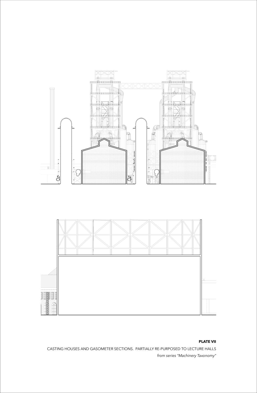 Yavor Nedelchev, PLATE VII: CASTING HOUSES AND GASOMETER SECTIONS. PARTIALLY RE-PURPOSED TO LECTURE HALLS, 2023