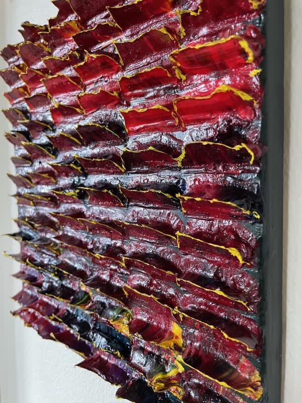 Debbie Mountain, Mixed dark red, navy, light red, yellow on dark green with yellow tips, 2024