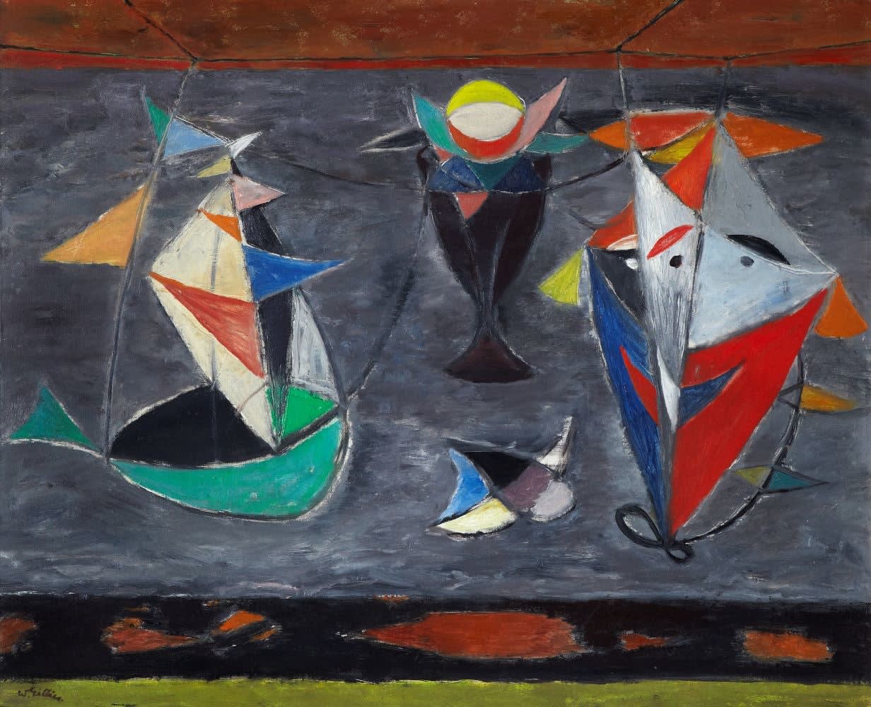 William Gillies RSA, Still Life with Toy Boat and Kite, 1958