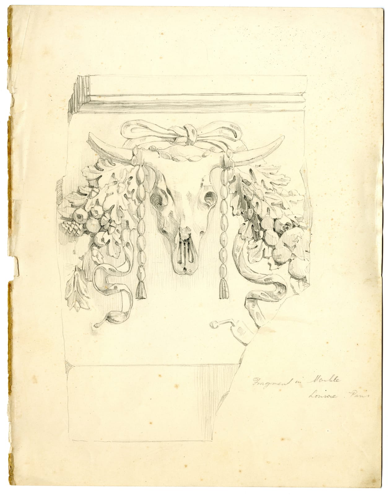 Fanindra Nath Bose ARSA, Sketch of unidentified bas relief ox skull with swags of fruit, 1911