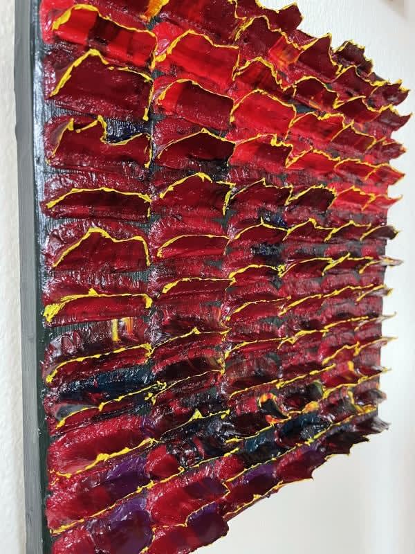 Debbie Mountain, Mixed dark red, navy, light red, yellow on dark green with yellow tips, 2024