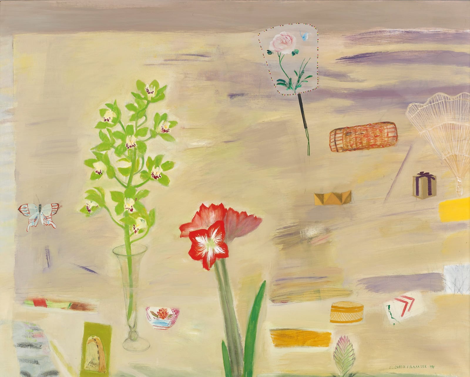 Elizabeth Blackadder RSA, Untitled (Still Life with Amaryllis and Fan), 1998