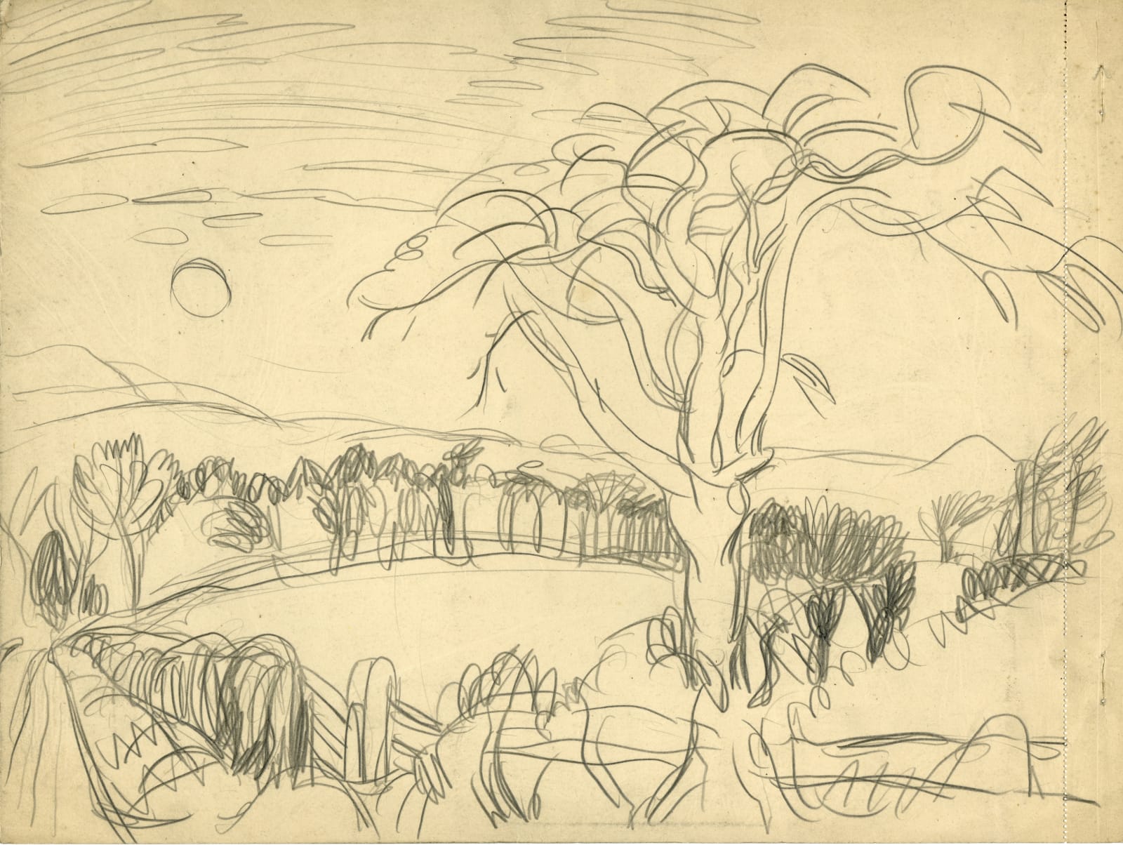 William Gillies RSA, Landscape With Tree and Sun - Sketch