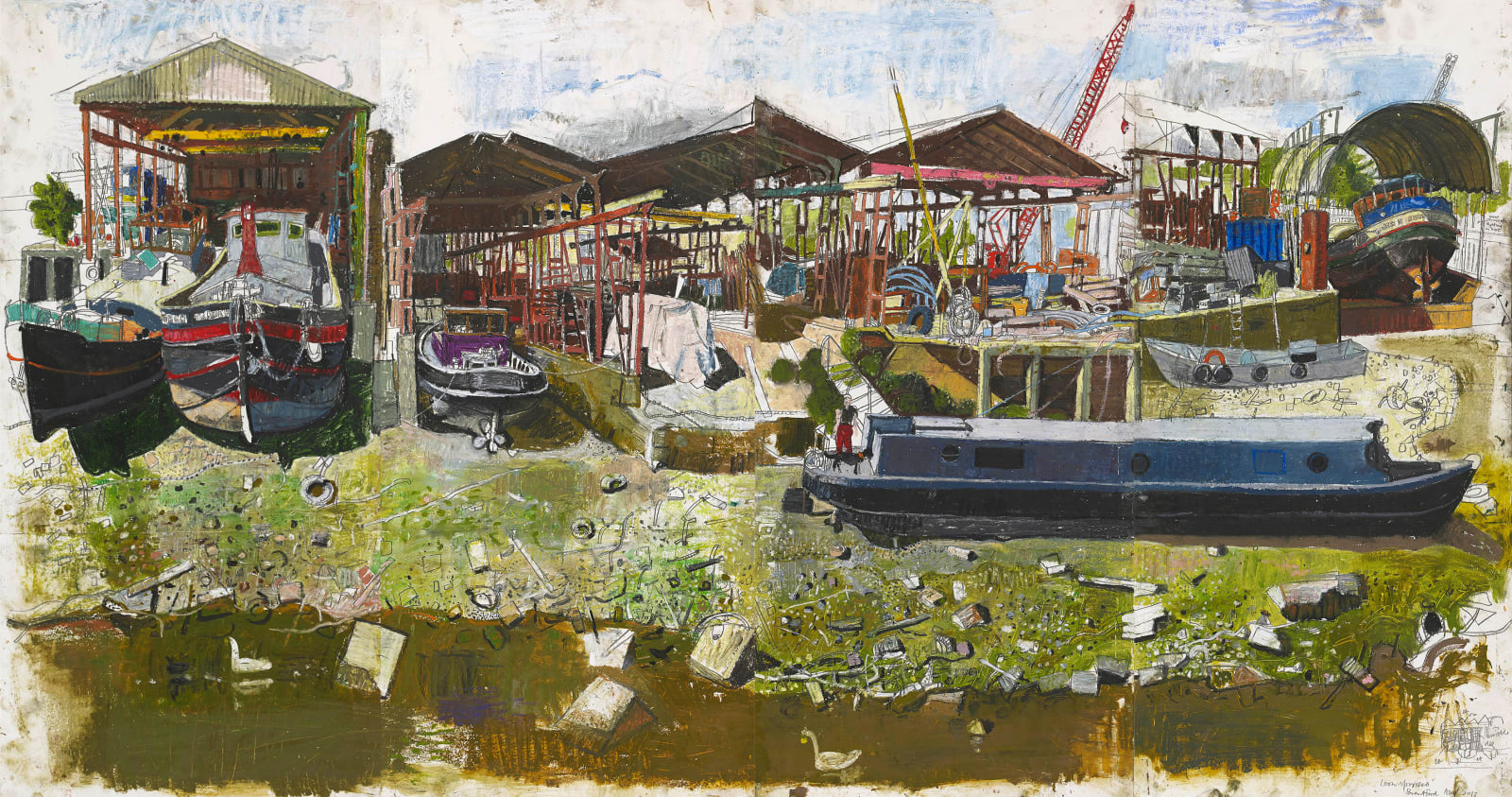 Leon Morrocco RSA, Boat-Repair Sheds at Low Tide, Brentford, 2013
