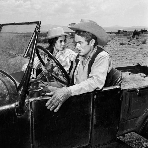 Frank Worth, James Dean & Elizabeth Taylor in car on set of 'Giant', 1955