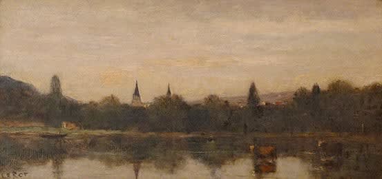 Jean-Baptiste-Camille Corot, Bords d’une riviere avec deux clochers emergeant des arbres, 1865-1870