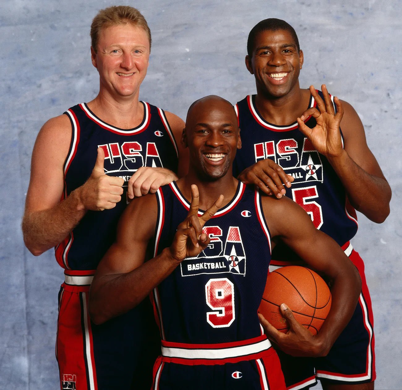 Neil Leifer, Dream Team: Michael Jordan, Larry Bird, and Magic Johnson, 1992