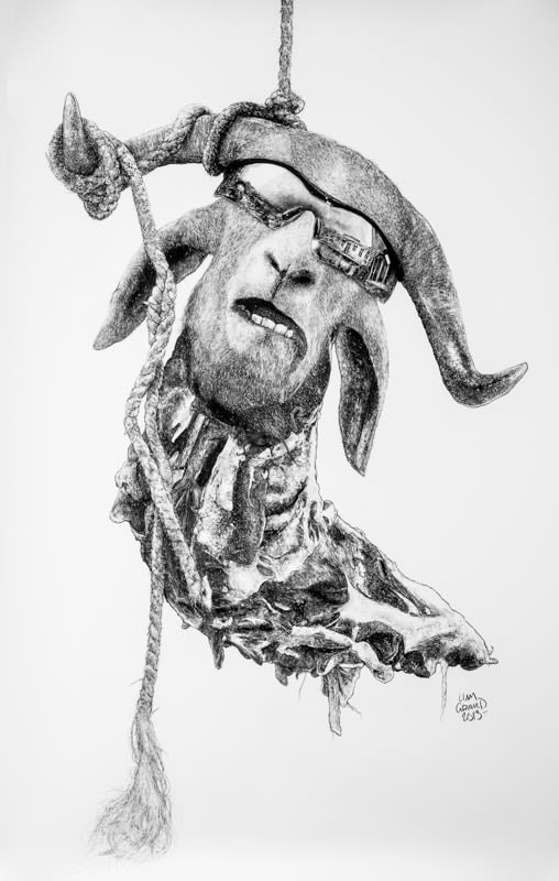 Liam Gerrard, Hanging Goat Carcass (wearing Oakleys), 2013
