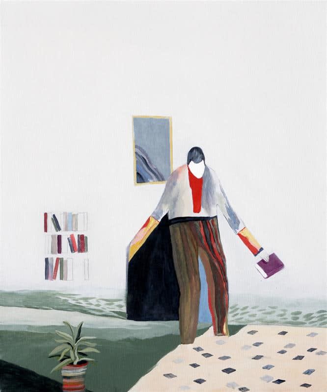 Alan Ibell, Self Portrait With Bookshelf and Long Arms, 2014