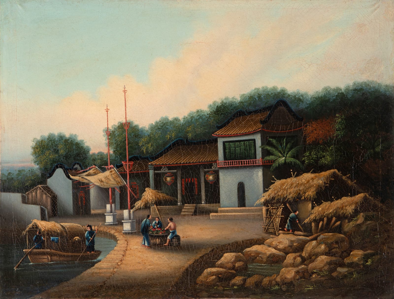 China Trade, Vista do Pavilhão dos Antepassados de Luo Bigzhang, Comemorativa da Obtenção do Grau de Letrado Imperial / A View from Luo Bingzhang Ancester Hall, Comemorating His Imperial Scholar Nomination, China, Reinado Daoguang / Daoguang Reign 1832