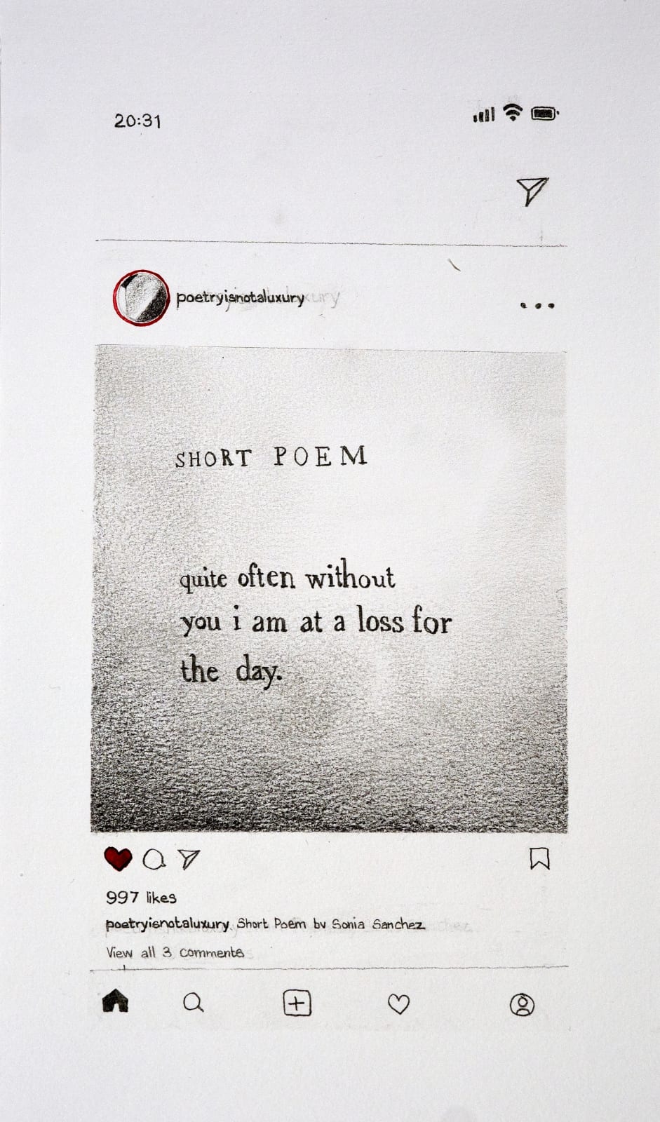 Phoebe Boswell (Kenya/UK), Notes on a Lockdown: Short Poem (after 'Short Poem' by Sonia Sanchez via @poetryisnotaluxury), 2021