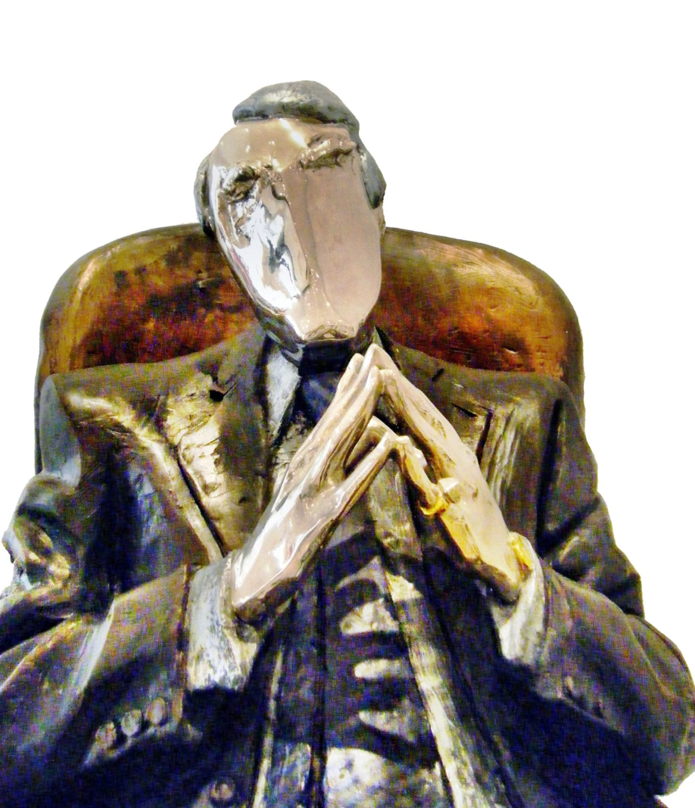 Detail of the upper body of a resin sculpture titled Chairman depicting a seated male figure in a suit. The man is portrayed in a thoughtful pose, leaning back slightly in a high-backed chair with his legs crossed and hands clasped together. The figure’s head and hands have chrome finishes, contrasting with the darker patina of the suit and chair. The piece exudes authority and contemplation.