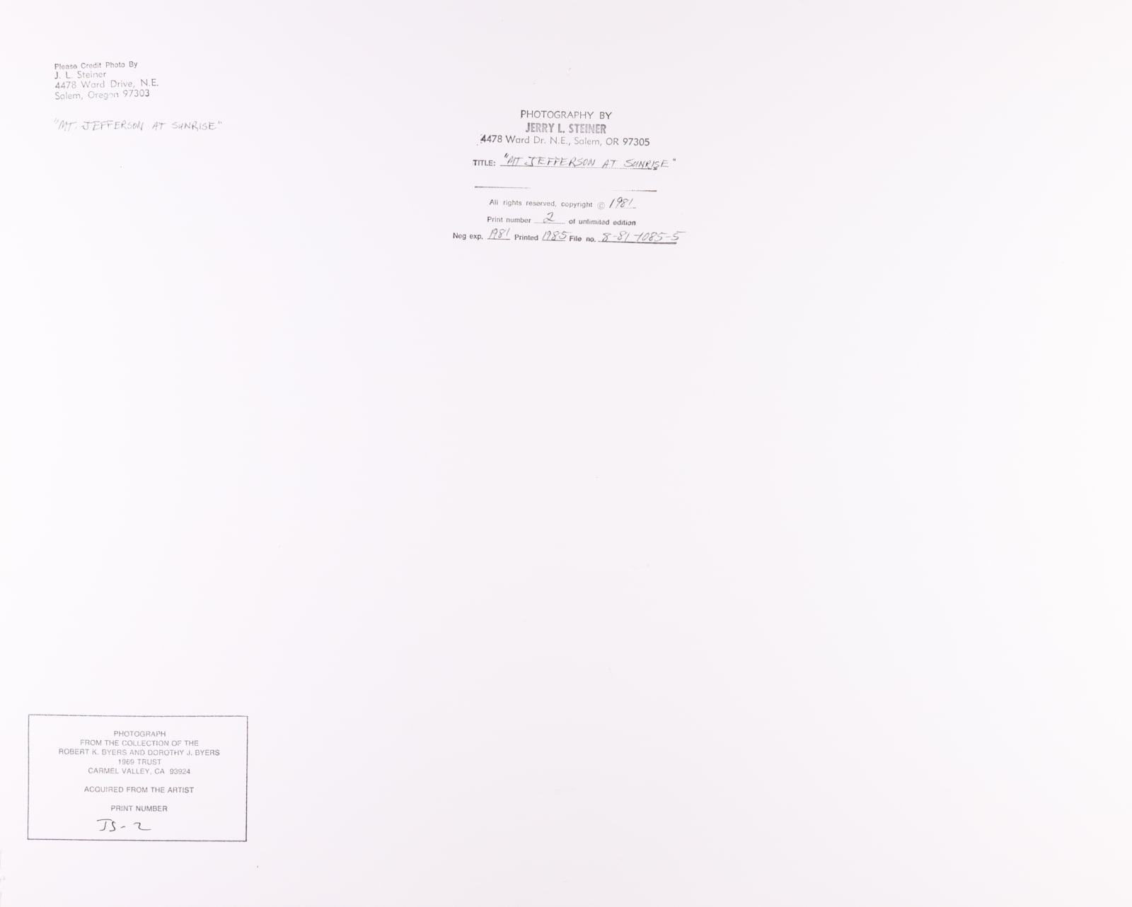 Jerry Steiner, Mt. Jefferson at Sunrise, 1981