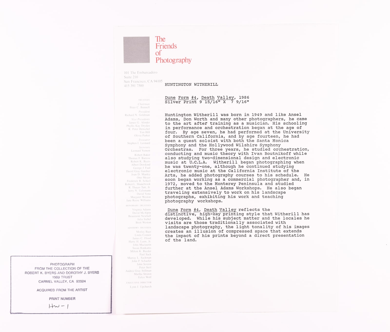 Huntington Witherill, Dune Form, #4, Death Valley, 1986