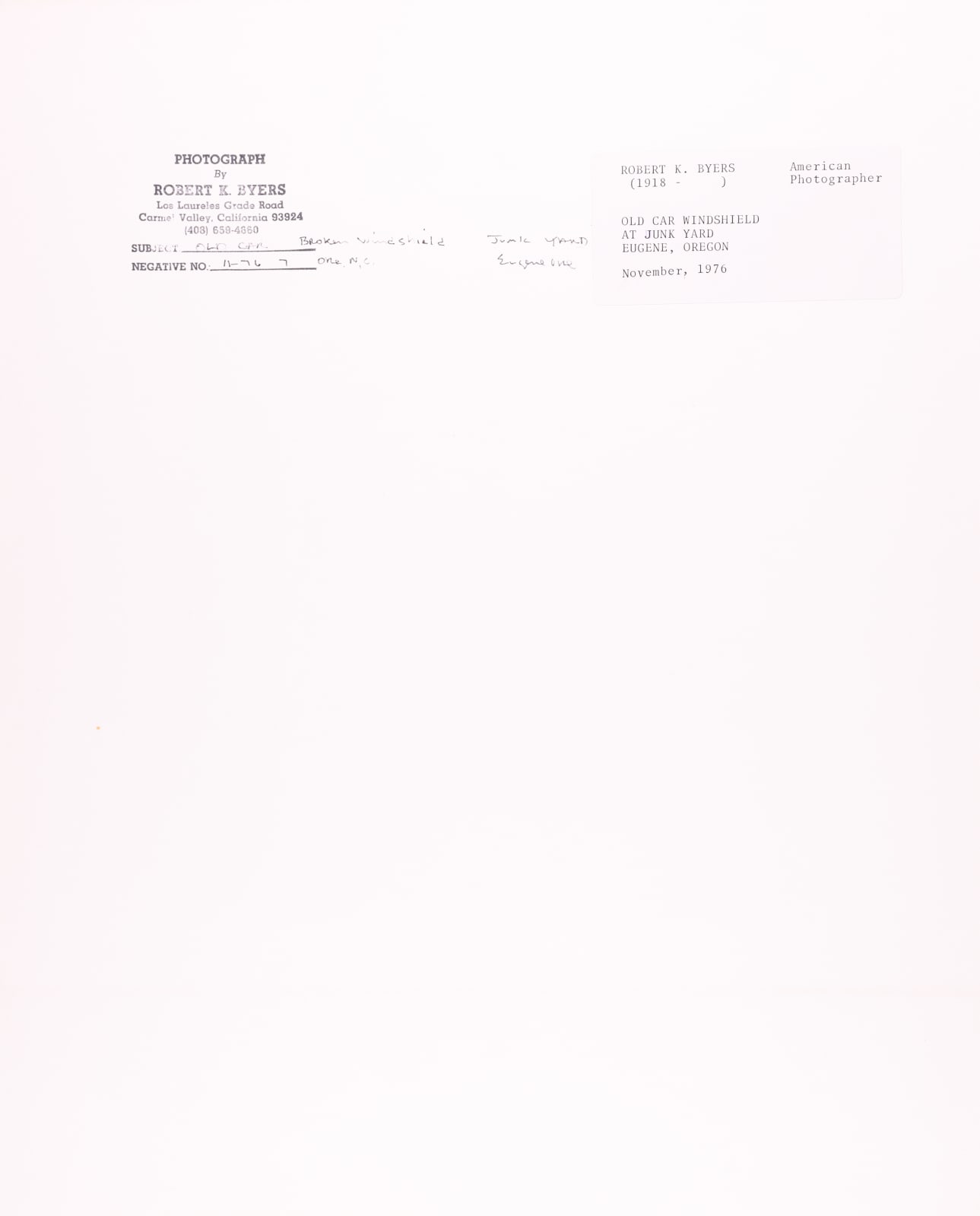 Robert K. Byers, Old Car, Broken Windshield, Junk Yard, Eugene, Oregon, 1976