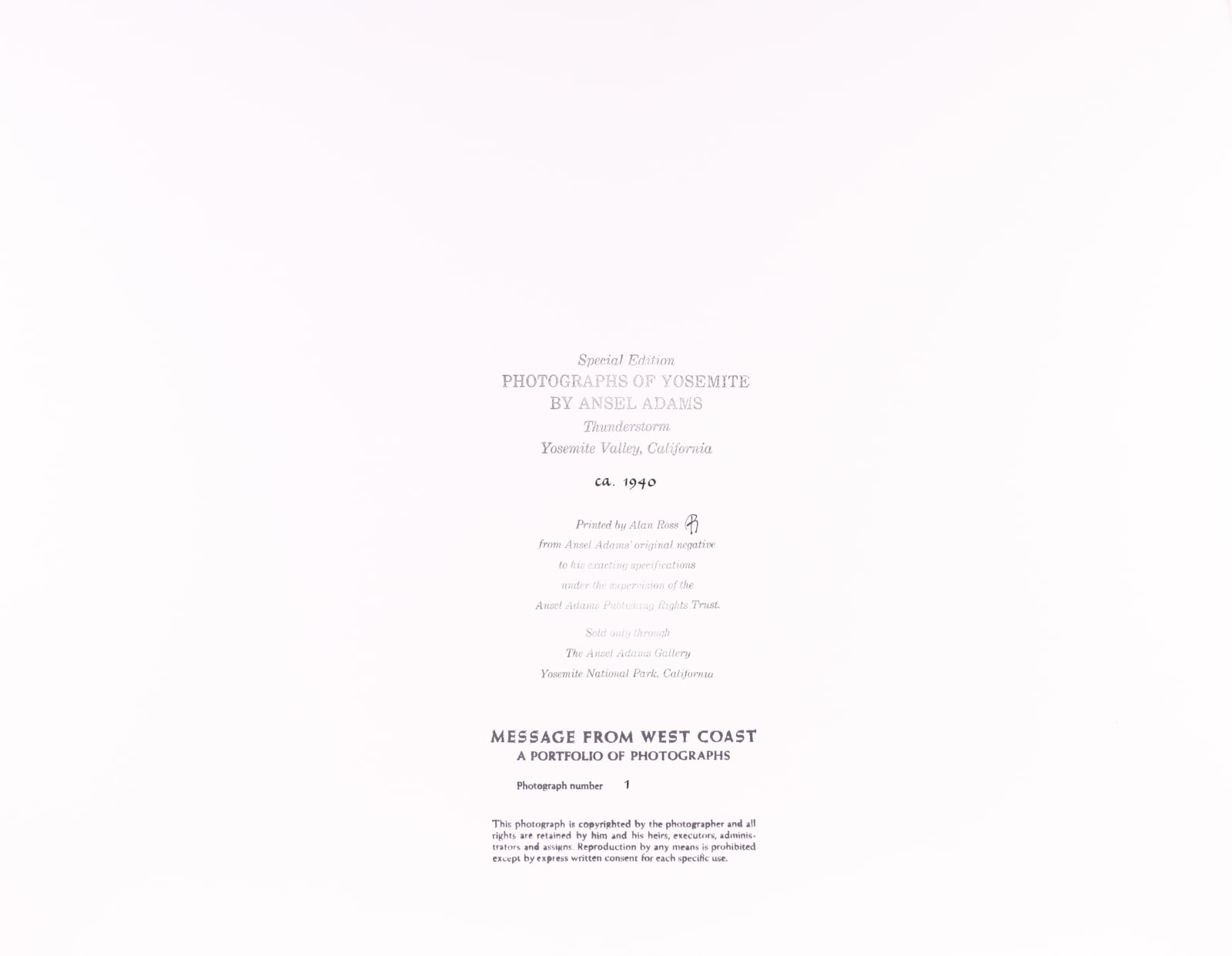 Ansel Adams, Message from West Coast Portfolio, 1986