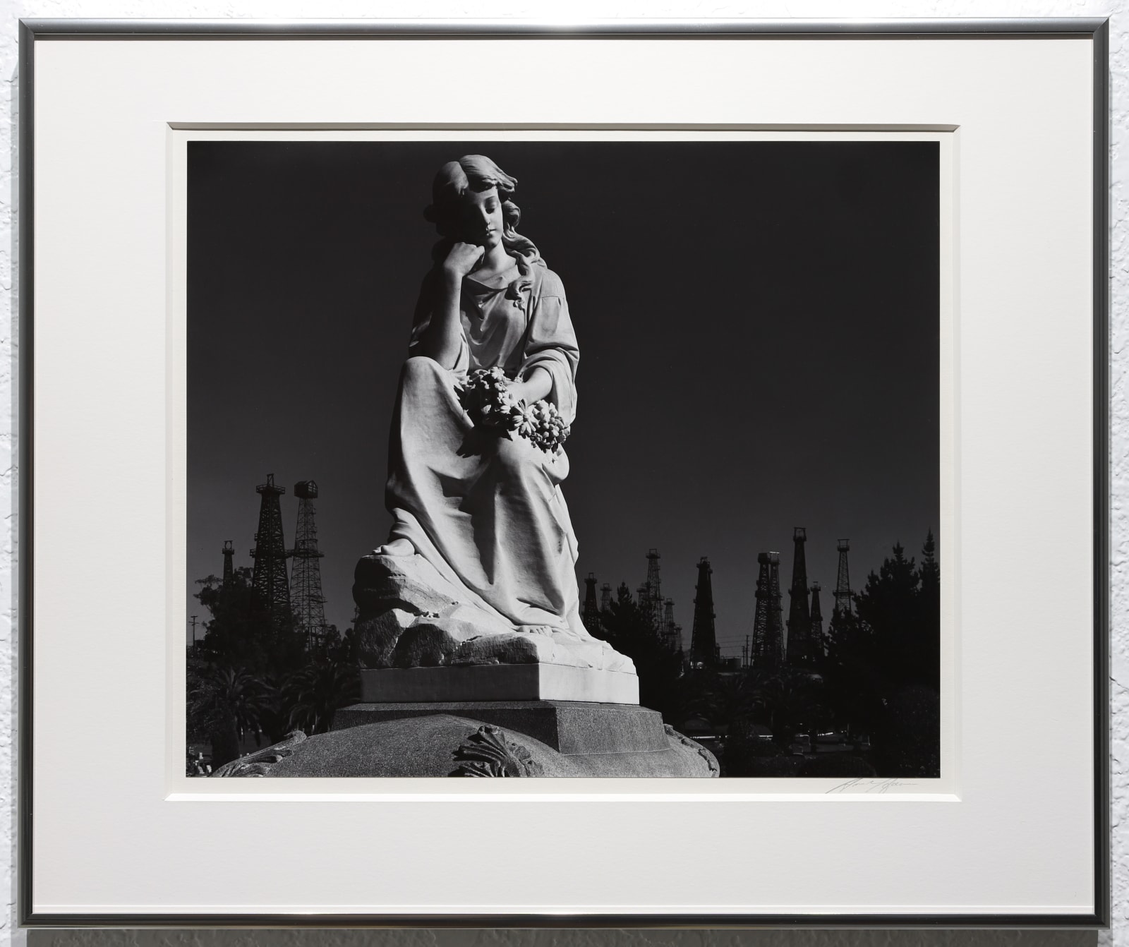 Ansel Adams, Cemetery Statue and Oil Derricks, Signal Hill, CA, 1939