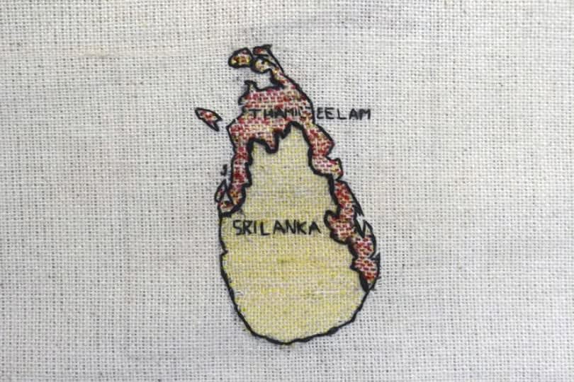 Hema Shironi, இலங்கை ලංකා Lanka, Stitched on fabric, 5 x 5cm , Sea Change: Colomboscope, Colombo, Sri Lanka, 2021
