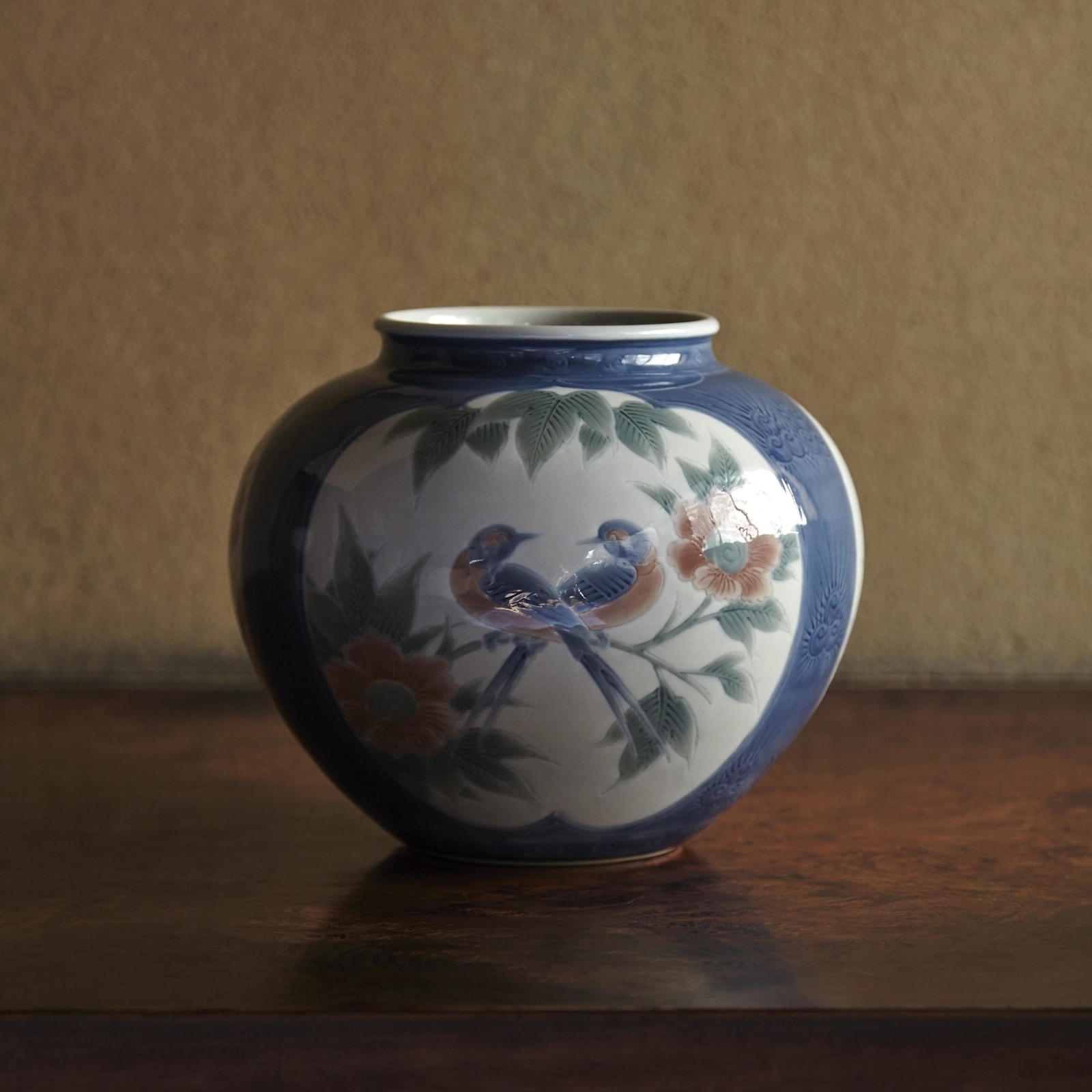 Itaya Hazan (1872–1963) , Flower Vase with Underglaze Design of Flowers and Birds