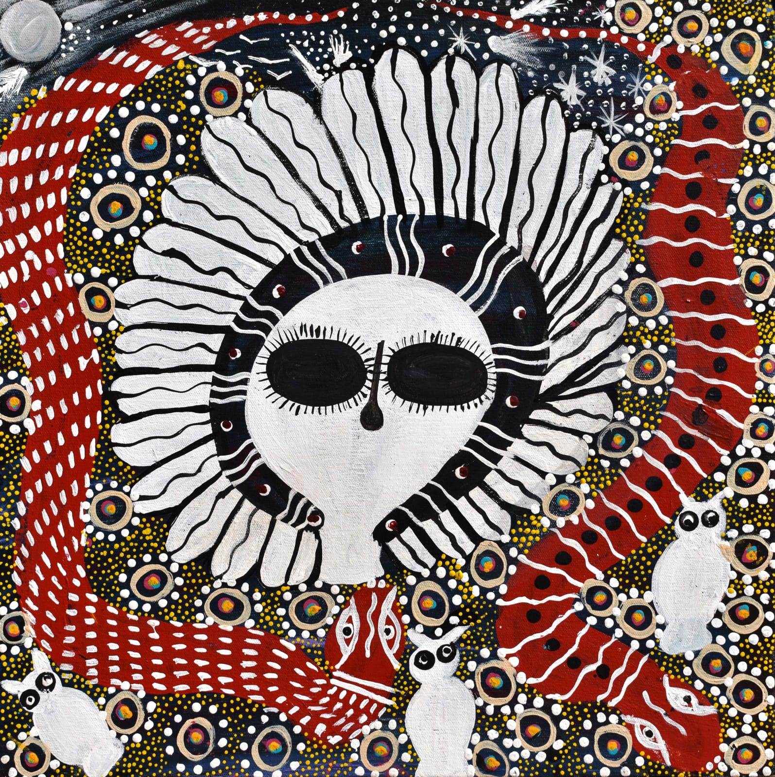 Nancy Wungundin, Wandjina, Bumbi & Ungud (cloud and rain sprit, barn owl & totem, 2020