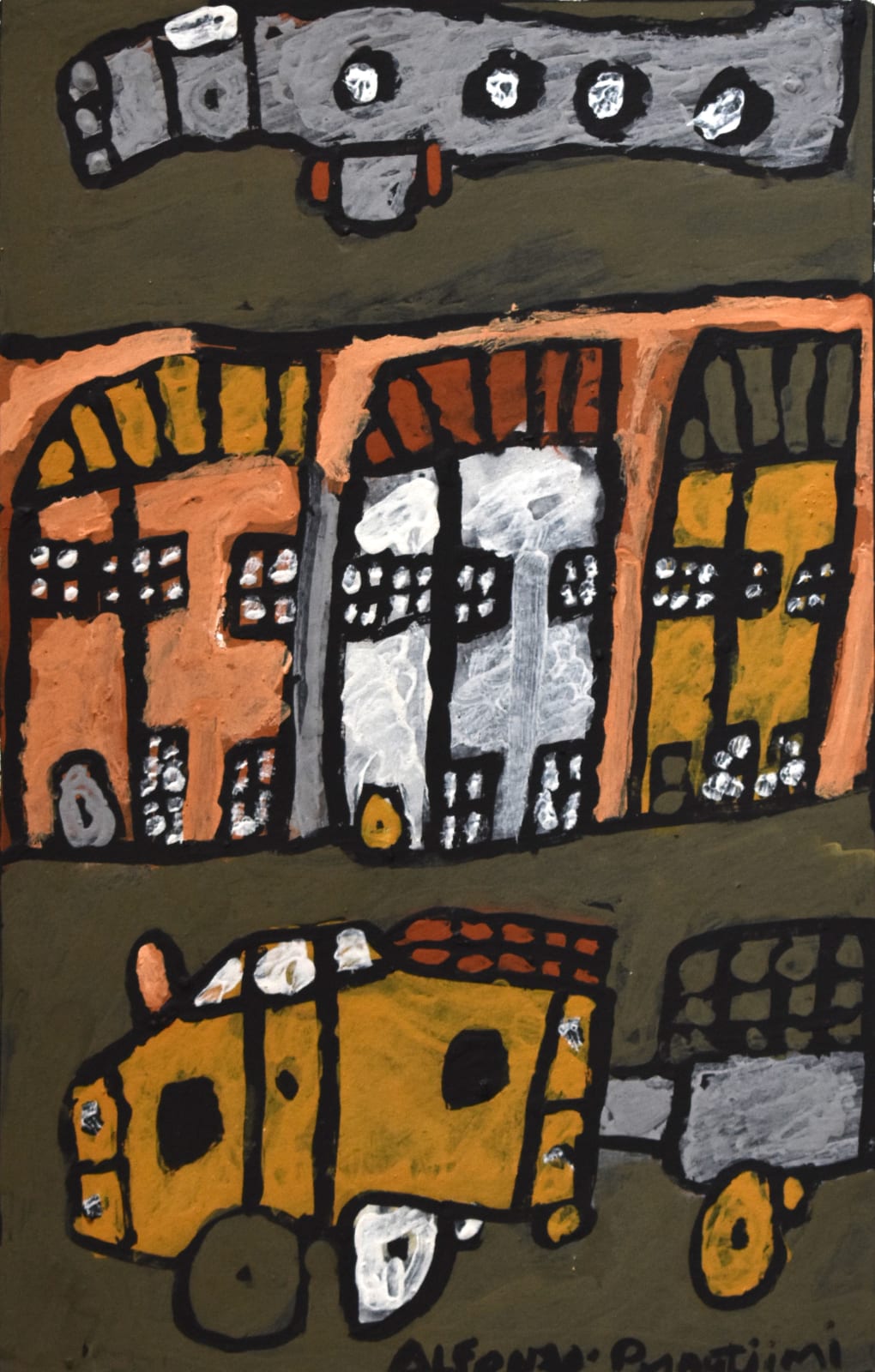 Alfonso Puautjimi, Grey plane, three houses, car & trailer, 2019