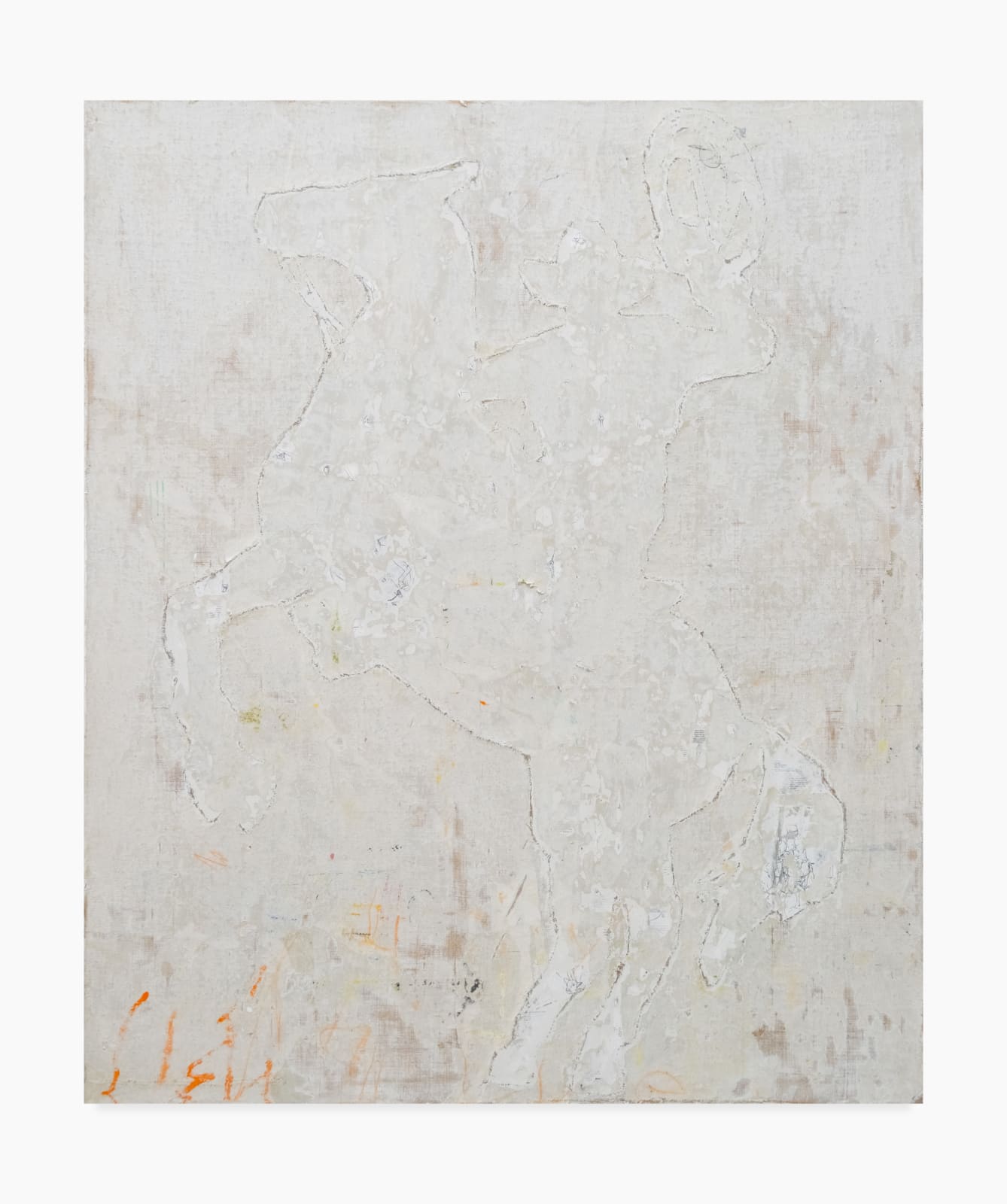 A painting by Nicole Charbonnet of the silhouette of a cowboy rearing back up on his horse. The whole painting is done in shades of white that looks sanded down. Pieces of the canvas weave are visible through the paint and bits of collaged paper.