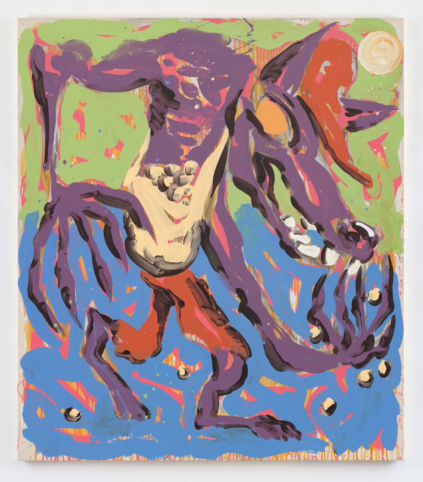 A painting by David Surman based on Vincent Van Gogh's painting The Sower, of a purple abstracted werewolf figure letting seeds fall from his claws onto a blue ground against a green sky. He wears a red cap with matching short pants with a crossbody bag full of seeds. A small round sun shines from the top right corner and the subjects eye gleams yellow.
