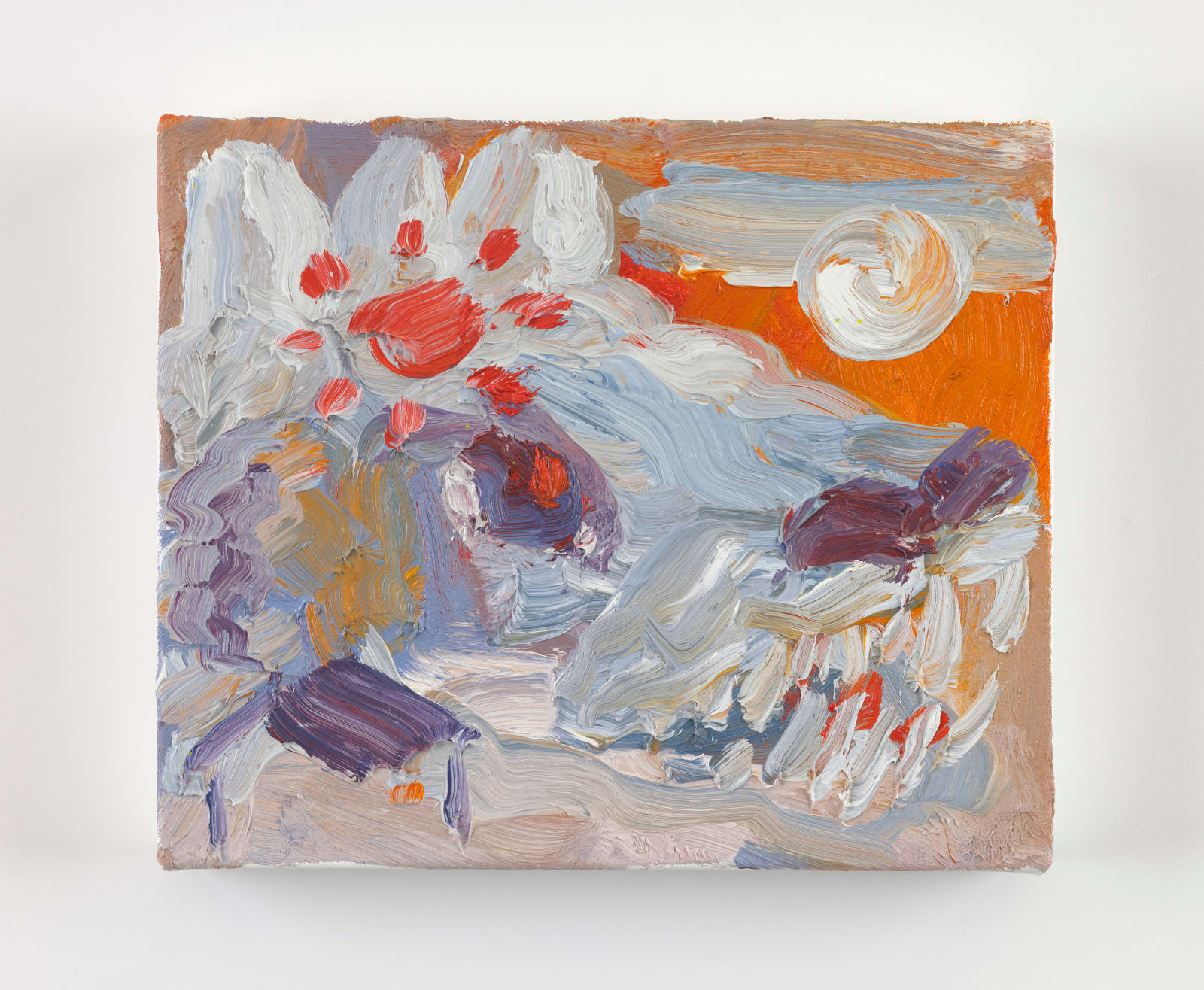 A small oil painting by David Surman featuring an abstracted wolf's head in profile. Above his snout a full white moon floats against an orange sky. Above its eye a dark reddish orange sun shines with cartoon rays. In front of his head is a small blue house with a smoke plume rising up from its chimney.
