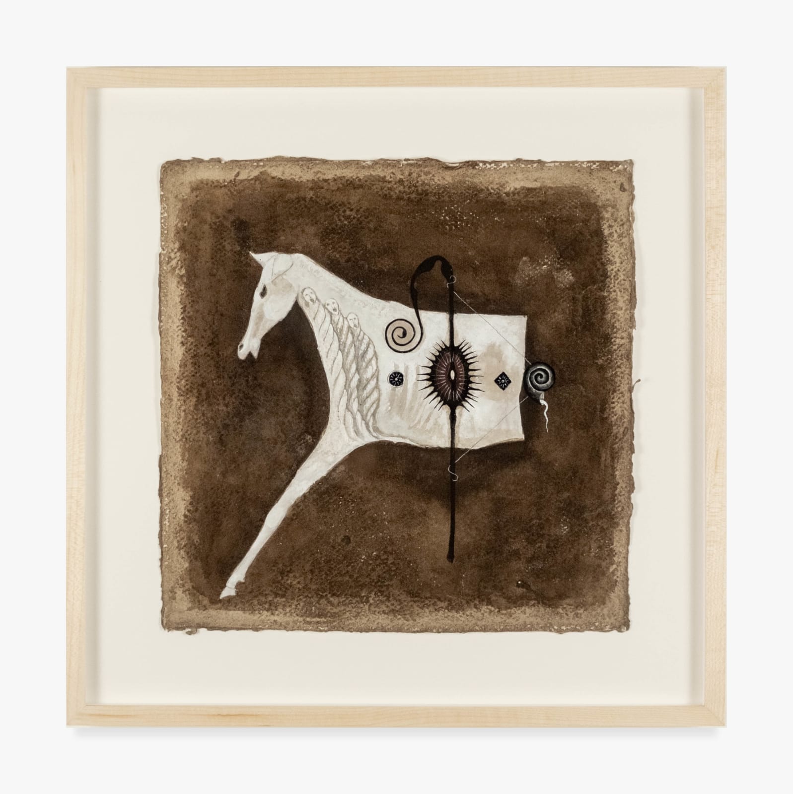 A painting by Aron John Dubois of the front half of a white horse against a dark brown paper. Abstract symbols adorn the side of the horse in black and brown.